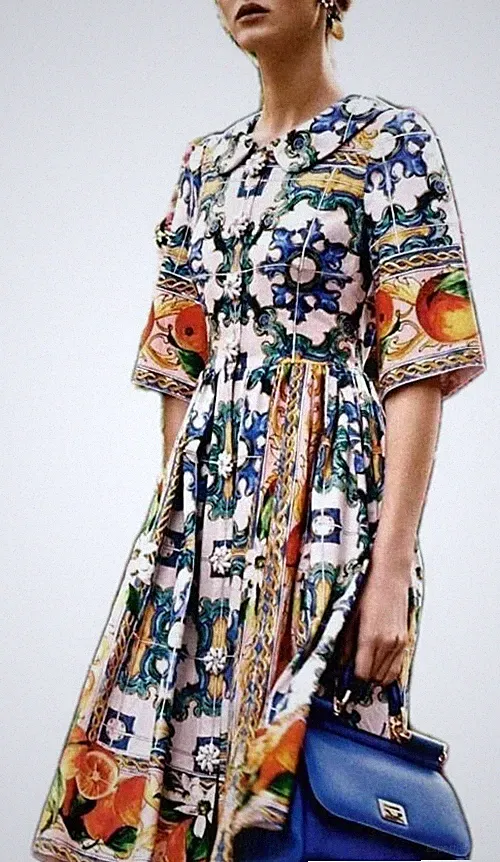 Dolce & Gabbana Rare SS2016 Cotton Floral Majolica Oranges Designer Dress IT36