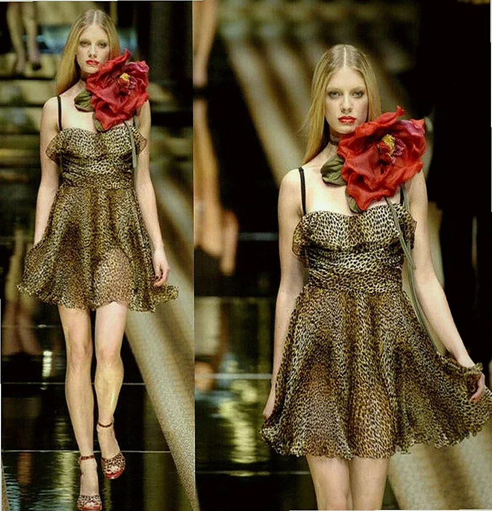 Dolce & Gabbana Runway Bustier D&G Leopardenmuster Rüschen Seide Chiffon Klei...