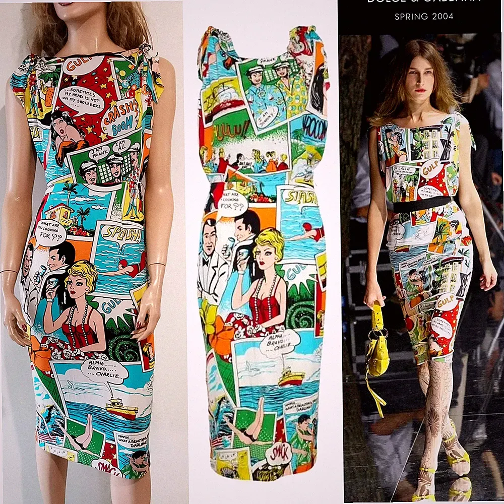 Dolce & Gabbana Runway SS2004 Comics Print Open-Back Bodycon Silk Dress IT42