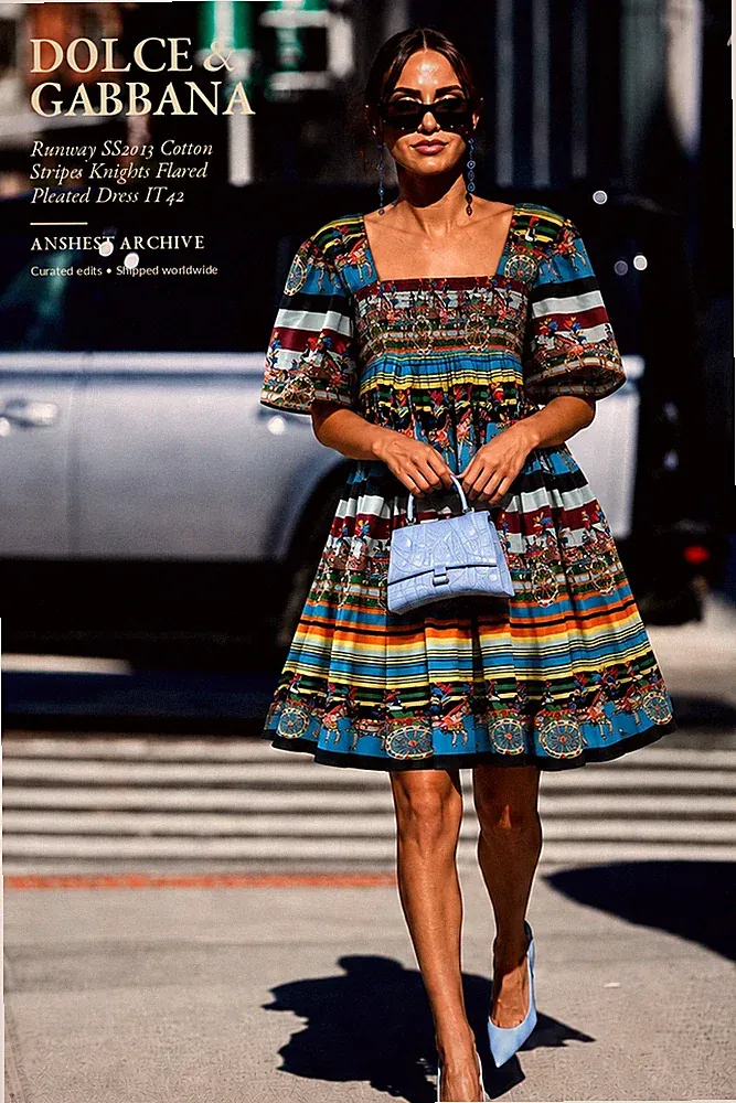 Dolce & Gabbana Runway SS2013 Cotton Stripes Knights Flared Pleated Dress IT42