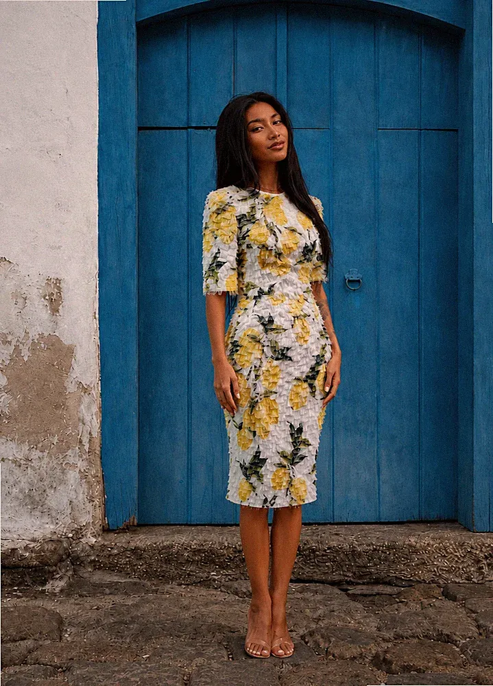 Dolce & Gabbana Runway SS2016 Lemons Print Sheath Pencil Fringe Dress IT38 US0-2