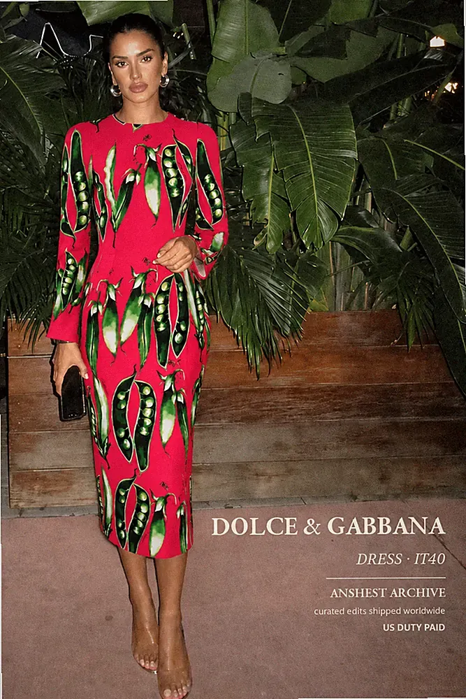 Dolce & Gabbana Runway SS2018 Floral Green Peas Print Red Cady Dress IT40
