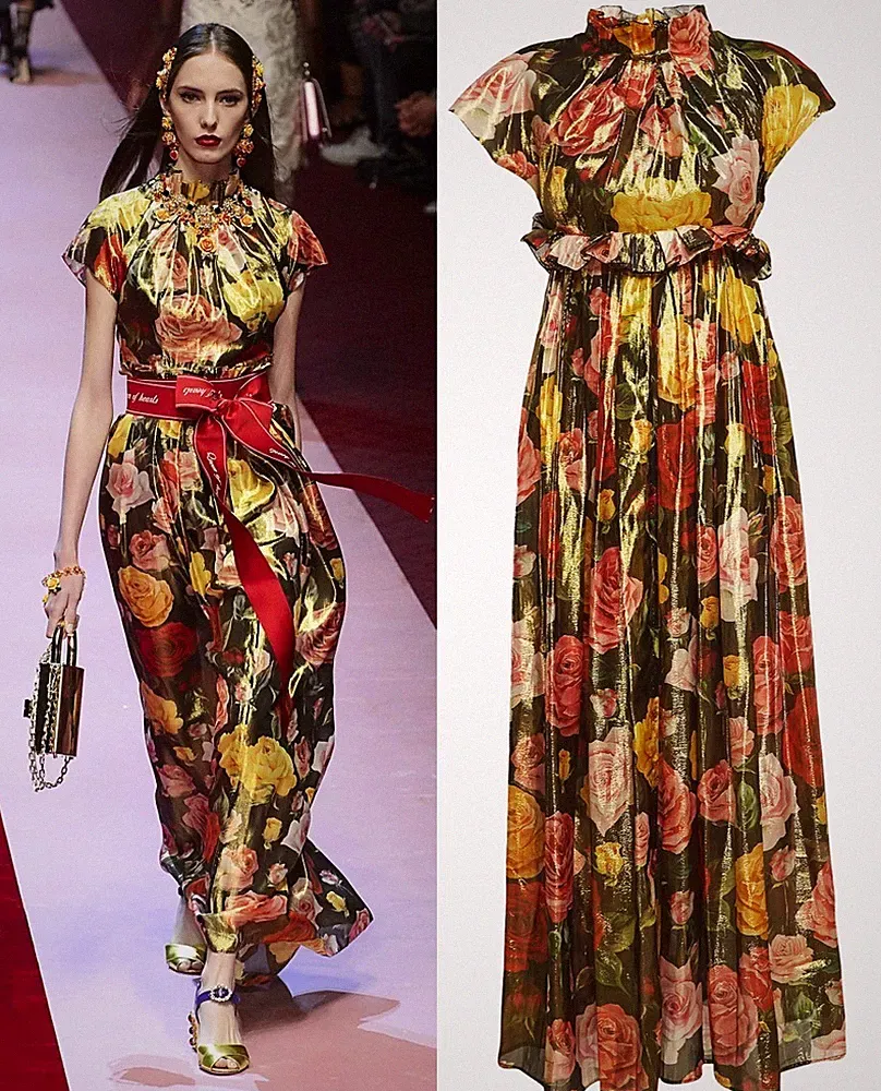 Dolce & Gabbana Runway SS2018 Maxi Designer Kleid Seide Blumen Rosen Gold IT40