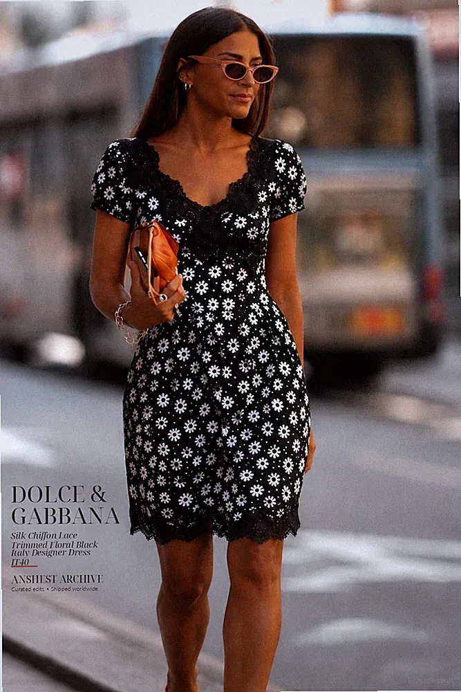Dolce & Gabbana Seiden Chiffon Spitzenbesatz Blumen Schwarz Italy Designer...