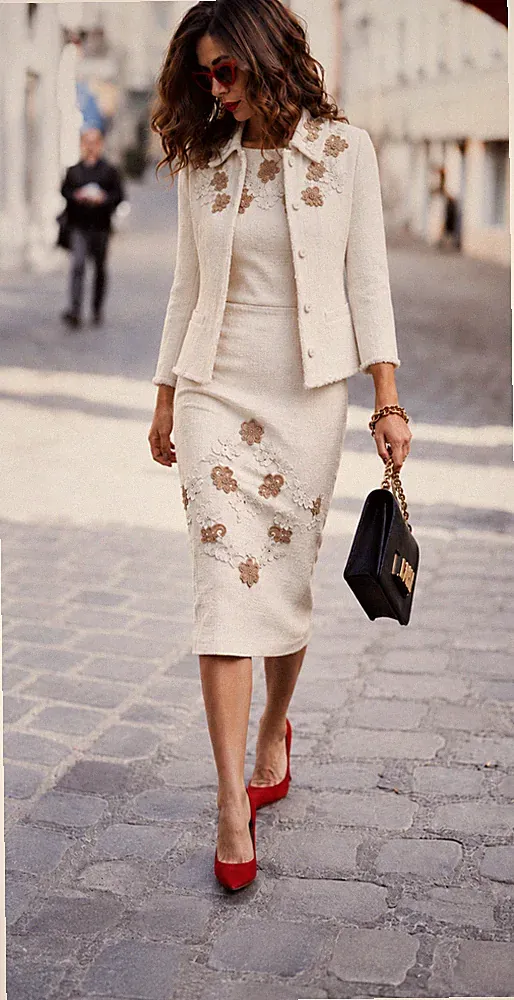 Dolce & Gabbana Set Jacke und Kleid mit Spitzenbesatz Tweed Blumen IT40