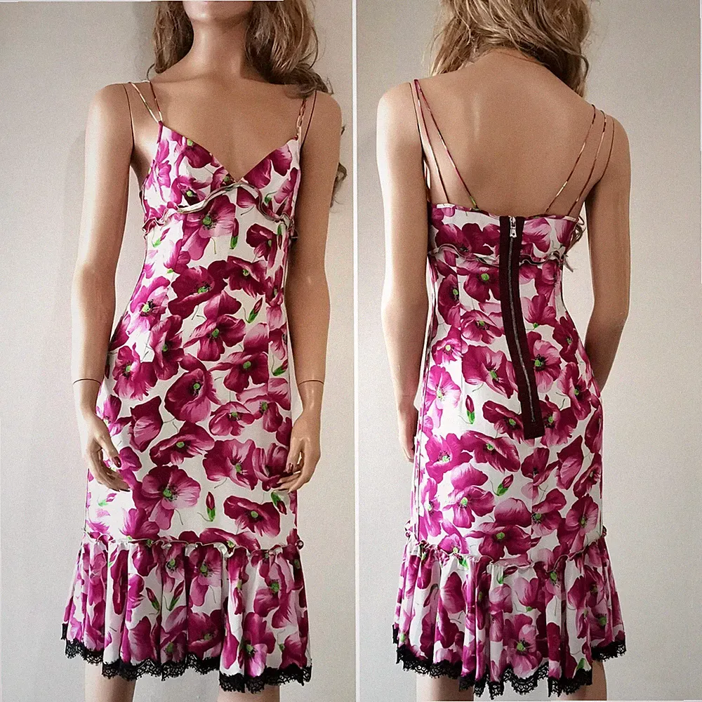 Dolce & Gabbana SS2006 Kleid Blumenmuster Spitze getrimmt Seide Rüschen IT40