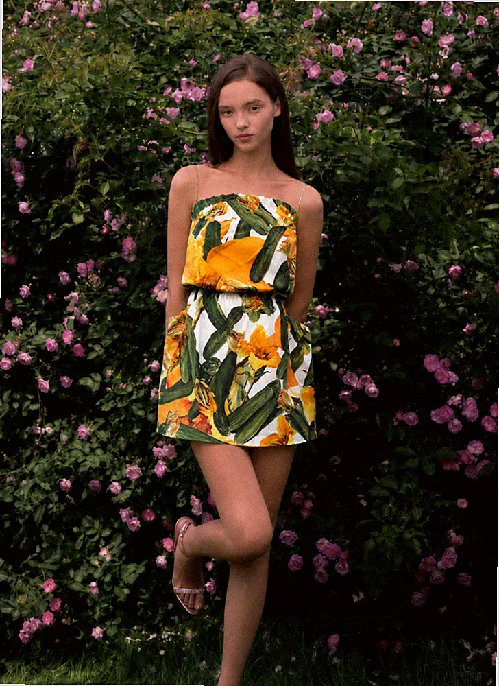 Dolce & Gabbana SS2012 Floral Zucchini Print Strapless Cotton Mini Dress IT40