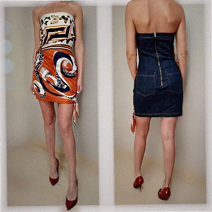 Dolce & Gabbana SS2012 Kleid Schals Print Seide Baumwolle Denim D&G IT42
