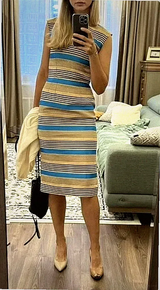 Dolce & Gabbana SS2013 Blue Stripes Print Flax Canvas Pencil Dress IT40