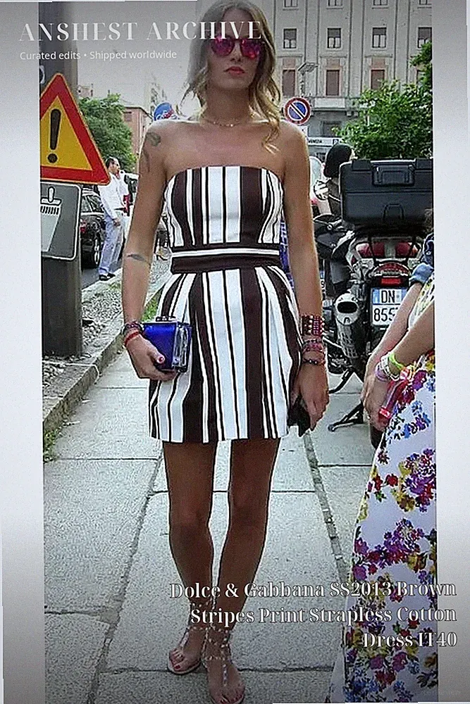 Dolce & Gabbana SS2013 Braun Streifen Print Trägerlos Baumwolle Kleid IT40