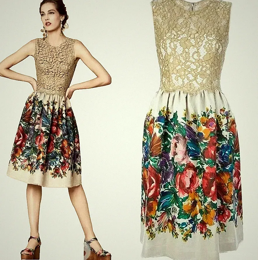 Dolce & Gabbana SS2013 Floral Print Lace Flax Canvas Italy Dress IT40