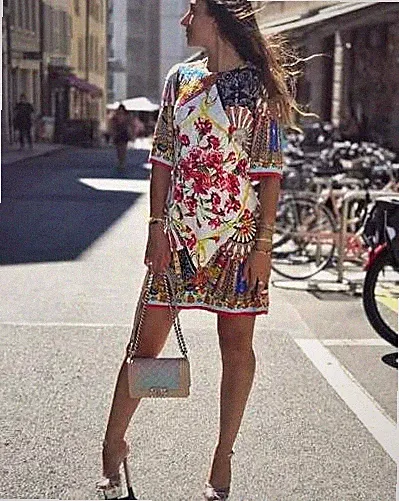 Dolce & Gabbana SS2015 Fächer Blumenmuster Seide A-Linie Etuikleid Minikleid...