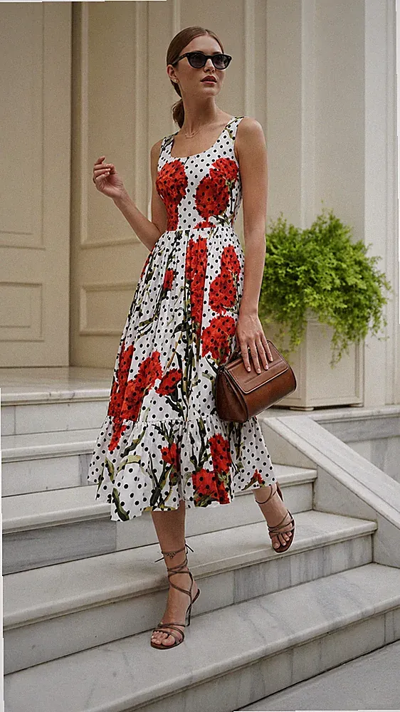 Dolce & Gabbana SS2015 Midikleid Nelken Blumen Polka Dot Print Baumwolle IT36