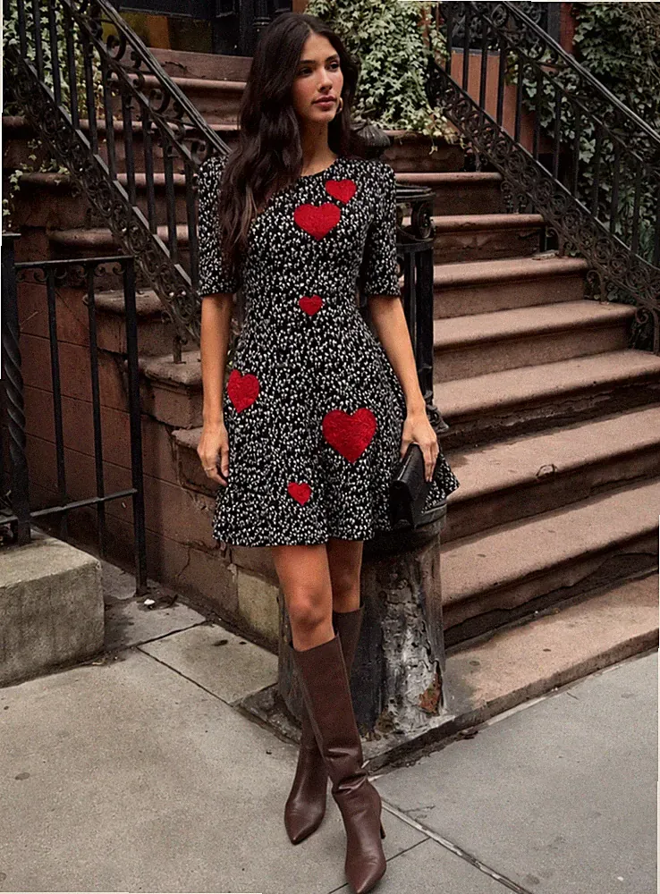Dolce & Gabbana SS2015 Red Hearts Applique Floral Print Black Cady Dress IT40