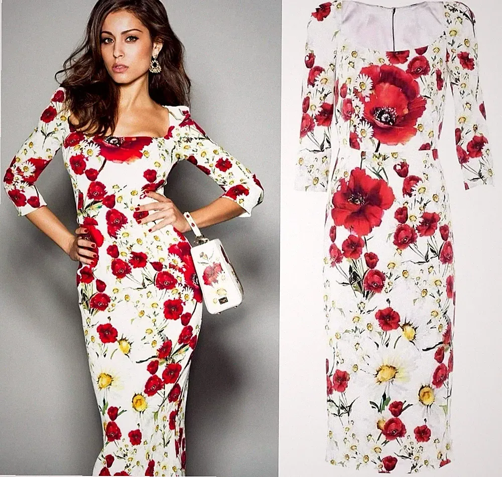 Dolce & Gabbana SS2016 Daisies Poppies Floral Print White Pencil Dress IT38