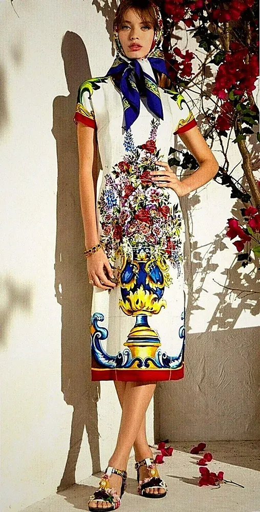 Dolce & Gabbana SS2016 Majolika Print Vasen Seide Blumen Etui Midikleid IT46