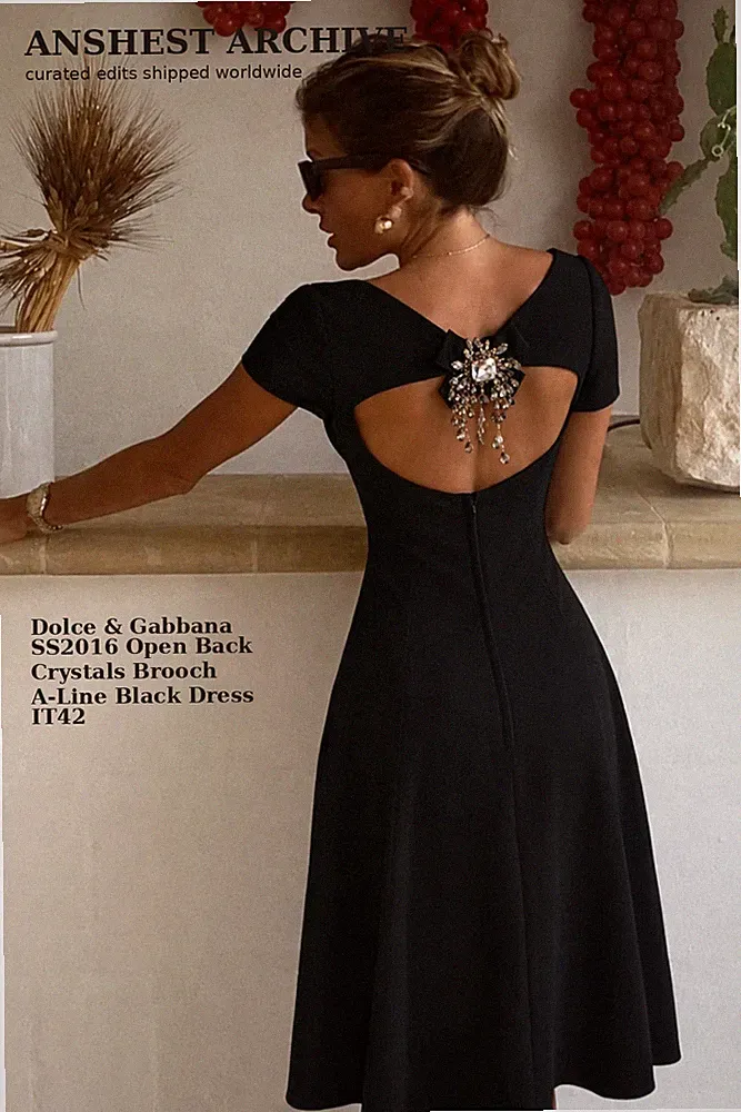 Dolce & Gabbana SS2016 Open Back Crystals Brooch A-Line Black Dress IT42