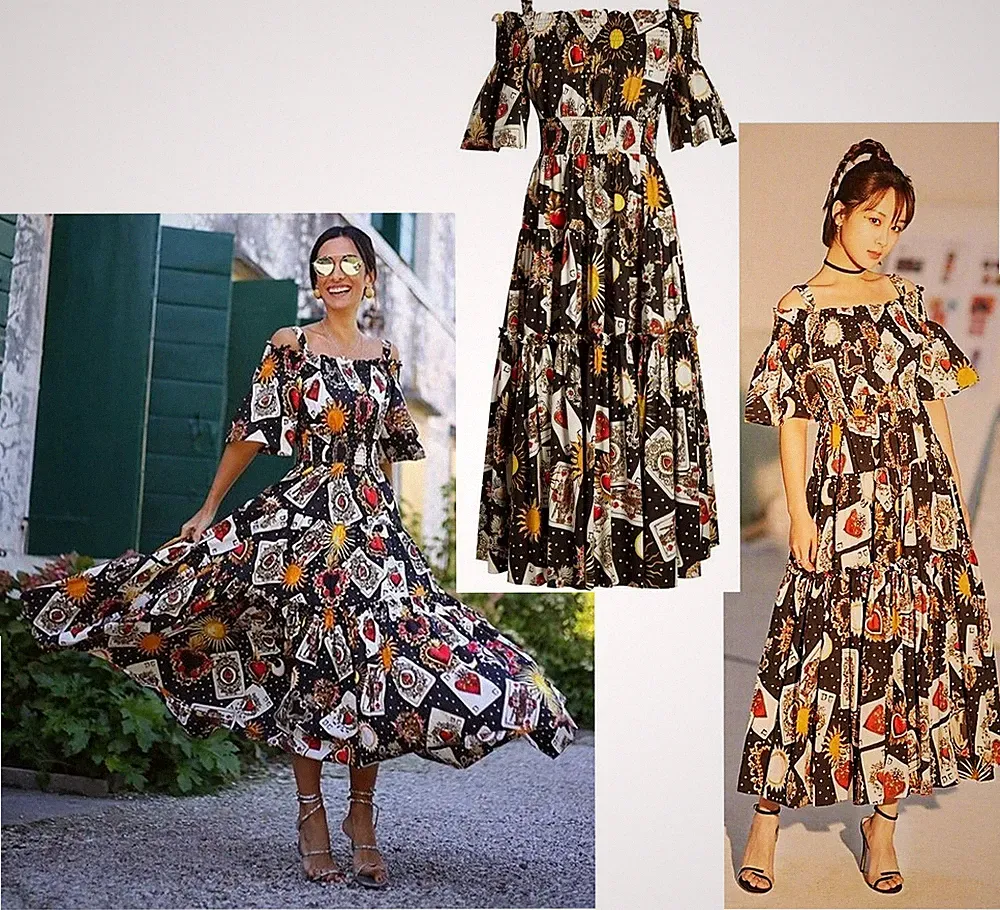 Dolce & Gabbana SS2018 Cold-Shoulder Playing Cards Cotton Black Maxi Dress IT40