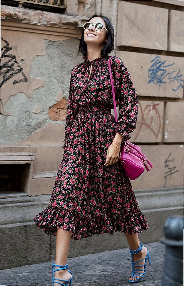 Dolce & Gabbana SS2019 Midikleid Blumen Rosen Print Seide Chiffon Rüschen IT42