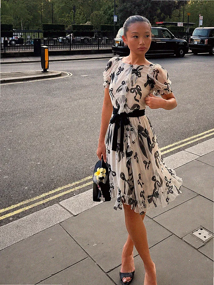 Dolce & Gabbana Vintage D&G Bows Print Silk Chiffon Sheer Ruffle Dress IT38