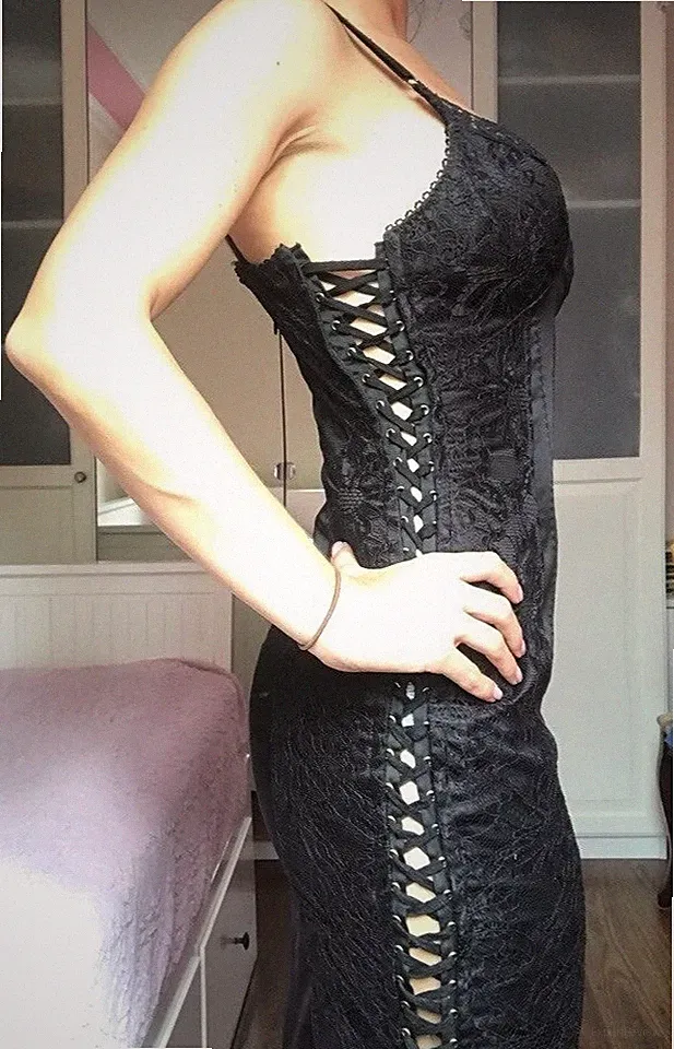 Dolce & Gabbana Vintage Lace-Up Bustier D&G Lace Trimmed Satin Black Dress IT40