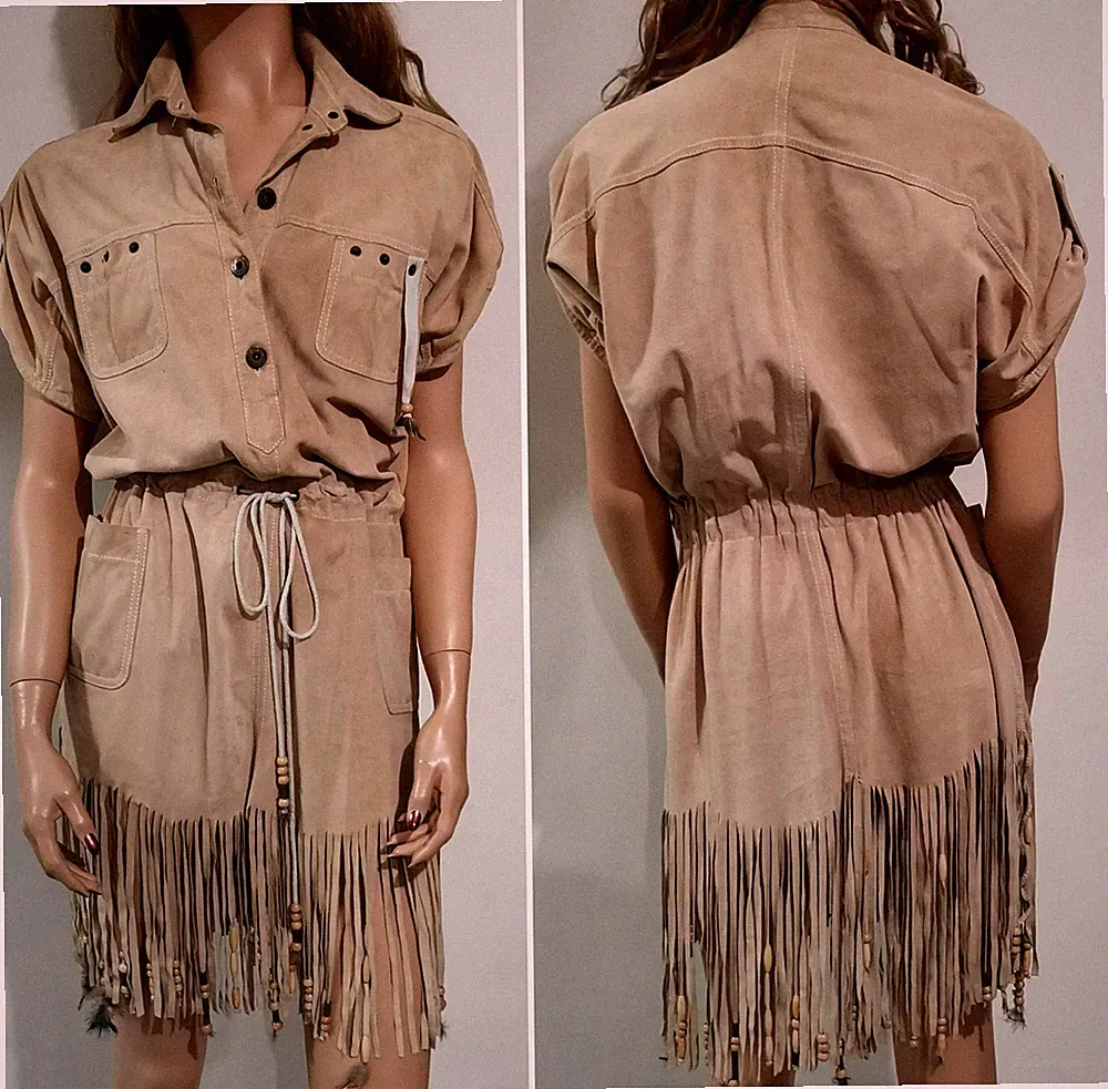 Dolce & Gabbana Vintage Safari Fringe Trimmed D&G Goat Suede Beige Dress IT38