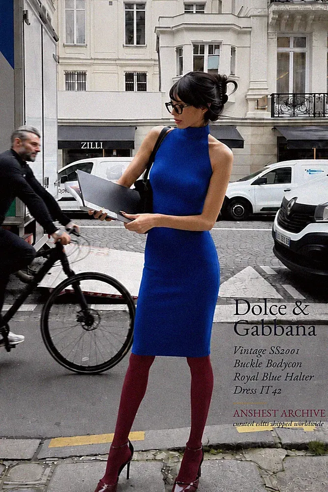 Dolce & Gabbana Vintage SS2001 Buckle Bodycon Royal Blue Neckholder Dress IT42