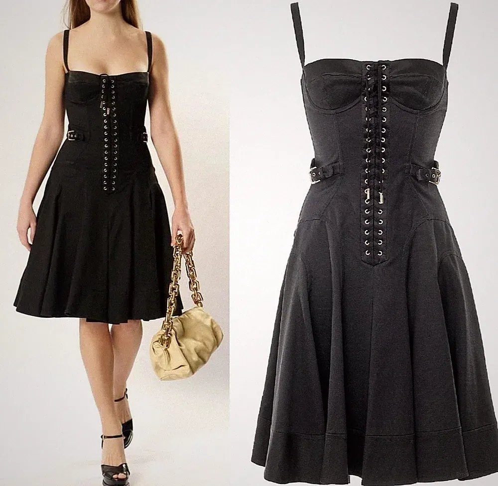 Dolce & Gabbana Y2K Bustier Lace-Up Vintage Flared Black Italy Midi Dress IT40