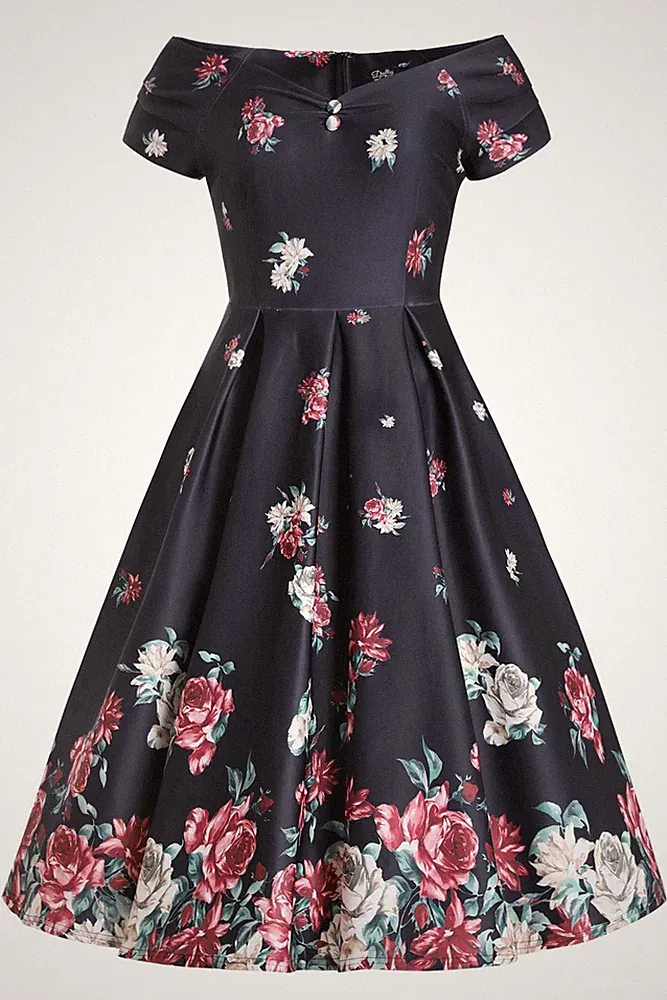 Dolly and Dotty Swing Kleid Lily Black Falling Rose Off-Shoulder Vintage Retro