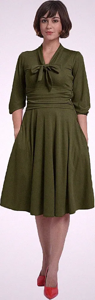 Dolly & Dotty SANDRA 50s TIE Schluppenkragen SWING DRESS Kleid Oliv Rockabilly