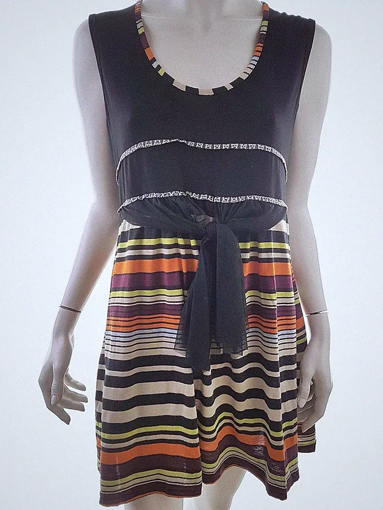 DOUBLE JEU Damen A-Linien-Kleid Gr. M Schwarz Acryl Ärmellos Streifen Knielang