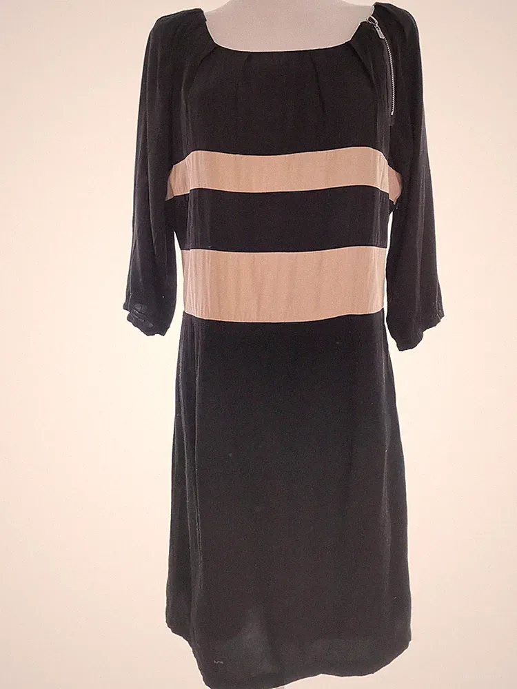 DRANELLA Damen A-Linien-Kleid Gr. 40 Schwarz 3/4 Ärmel Logo Streifen Midi