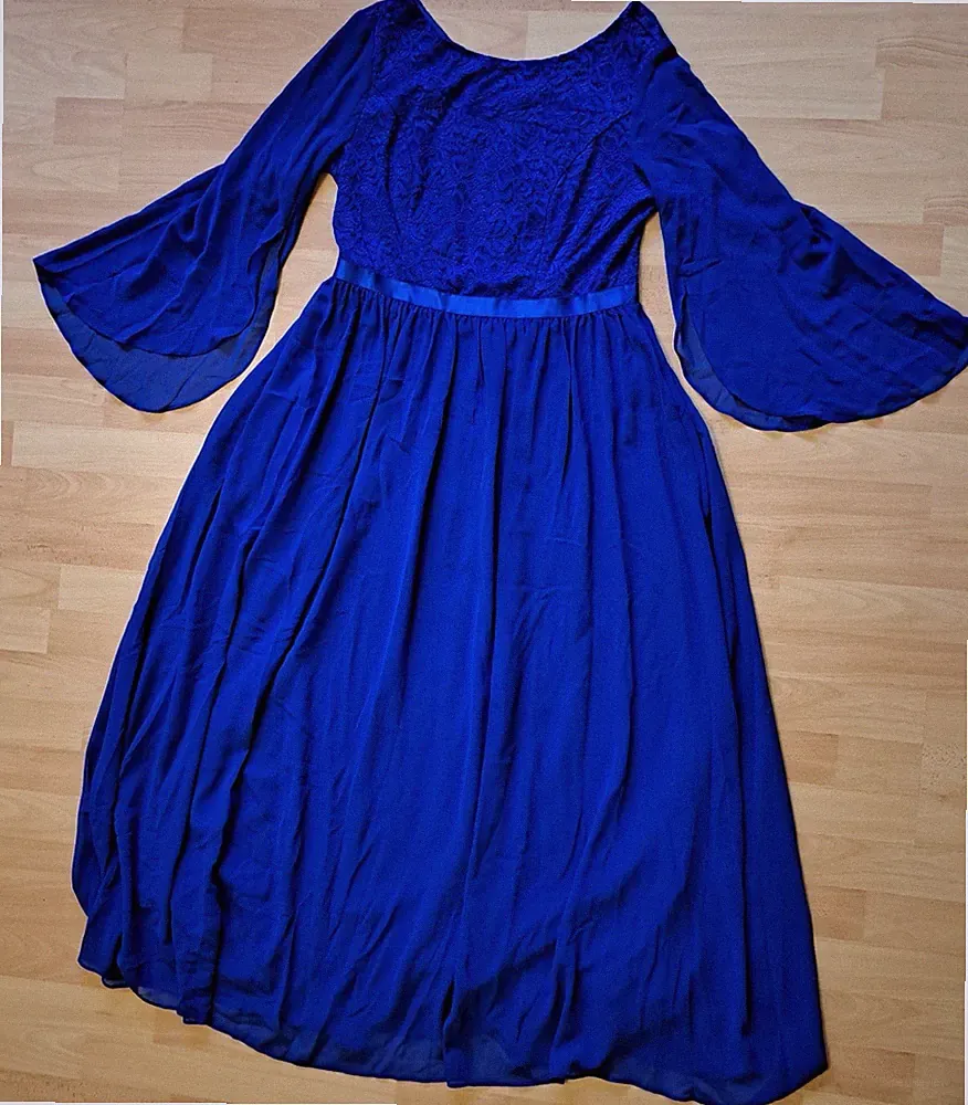 DRESS TELLS Damen Midi-Kleid XL leuchtendes blau A-Linie Spitze Langarm