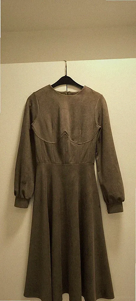 DRESSA Damen Midi-Kleid A-Linie grau Langarm Rundhals unifarben Gr. 42