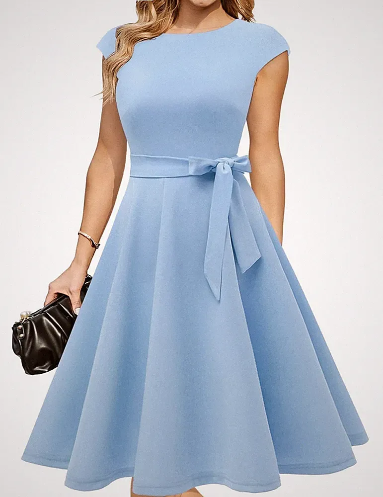 DRESSTELLS Damen 1950er Rockabilly knielanges Cocktailkleid Swing – Blau 2XL