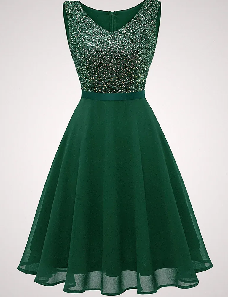 Dressystar Damen Kleid mit Pailletten Knielang V-Ausschnitt Linie