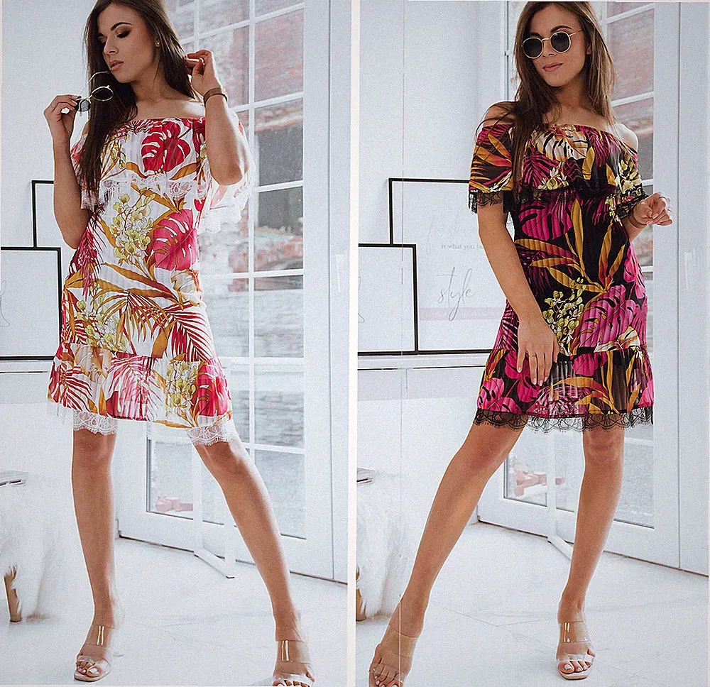 DSTREET Kleid Damenkleid Gemustert Carmenausschnitt Kurzarm Damen 36-40