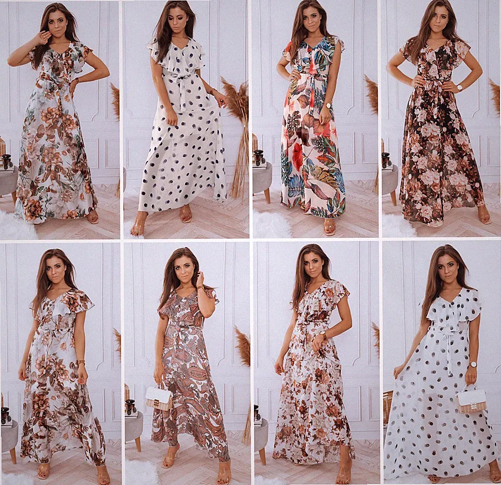 DSTREET Kleid Lang Damenkleid Muster V-Ausschnitt Rüschen Kurzarm XS S M L