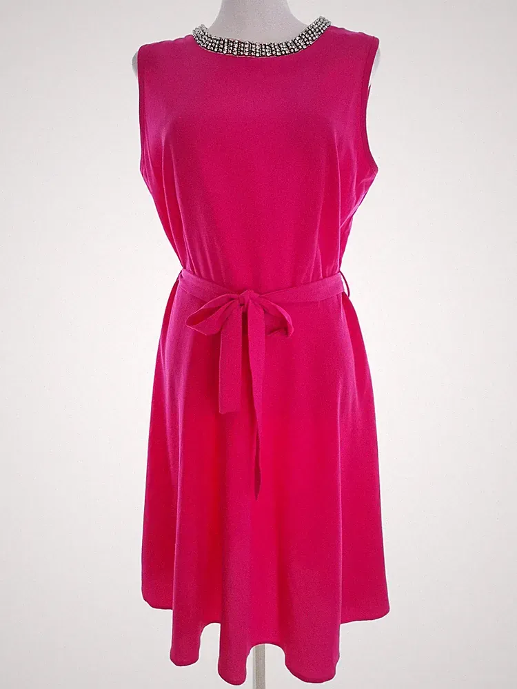 DUNNES Damen A-Linien-Kleid Gr. 42 Rosa Ärmellos Kristalle Midi Runder