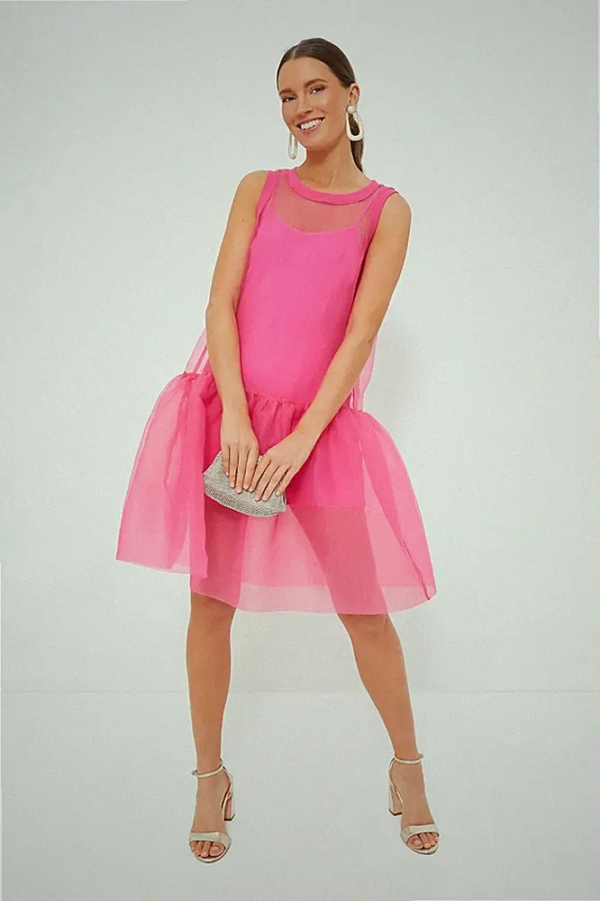 Durchsichtig Pink Organza Kleid Kurz Whimsical Mode für Urlaub Duschen Strand