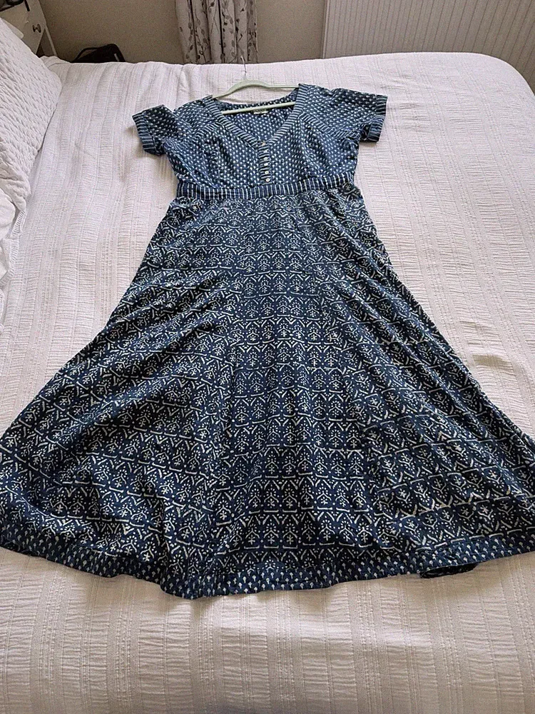 East Fabindia blau weiß Batik Maxikleid Größe 18 Baumwolle Knopf Büste