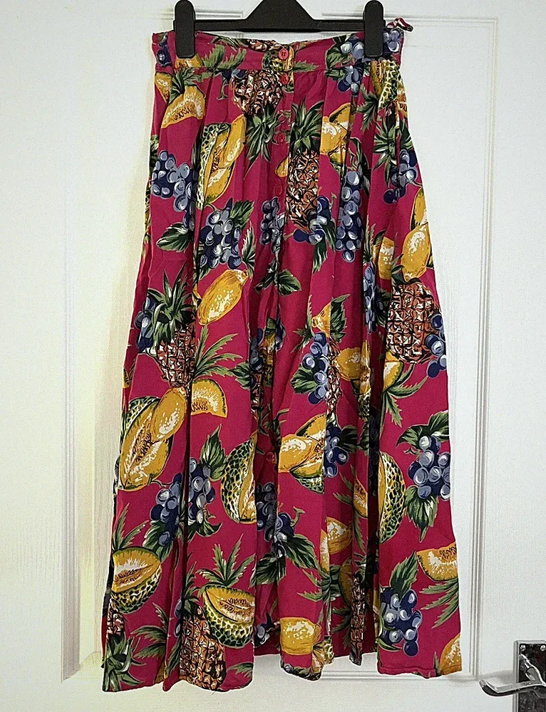 Easy Line Vintage A-Linie Maxirock Größe 8 Knopfleiste helle tropische Früchte