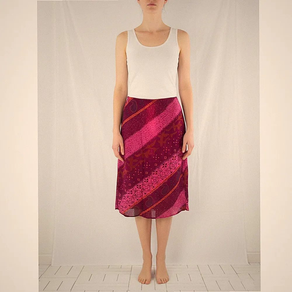 Echte Mode Damen Rock Longuette Rosa Lila M Etuikleid Knielang Streifen