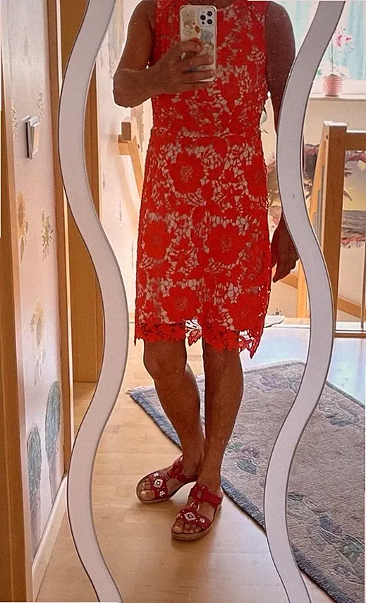 ECI New York Etuikleid Spitze Orange-Beige Gr. 36/S Unterkleid Reißverschluß
