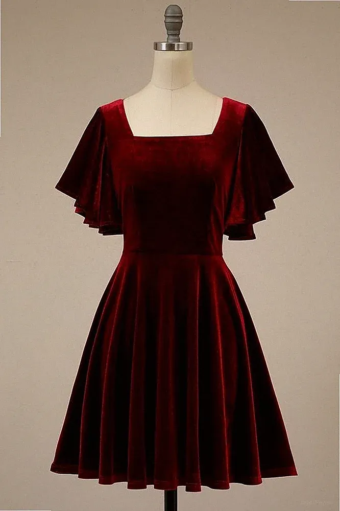 Eckiger Ausschnitt Kurzärmelig Samt Kleid Elegant Hohe Taille A-Linie für Damen