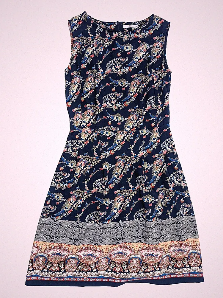 EDC Esprit Kleid Damen 36 Blau Floral Paisley Ärmellos A-Linie Falten...