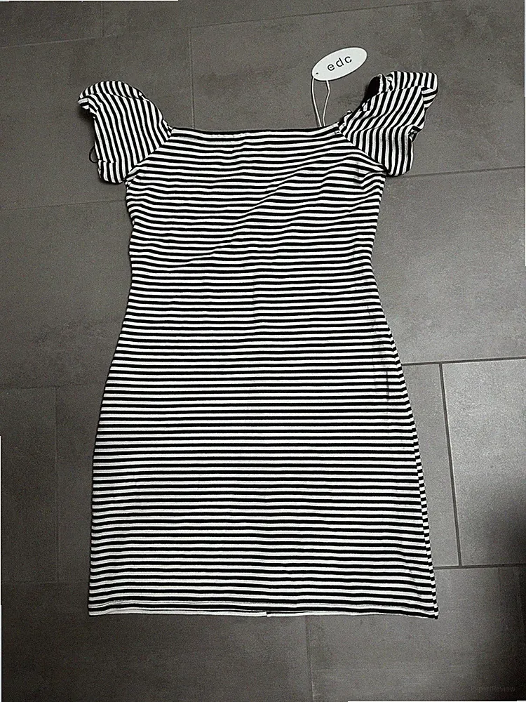 edc Kleid Etuikleid Damen Frauen Gestreift Schwarz Weiß Gr.L Vintage Look, Kleid