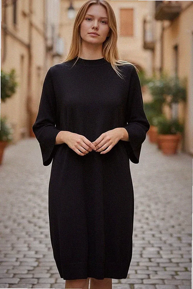 Eileen Fisher Petite Schwarzes A-Linien Kleid aus Wollmix mit langen Ärmeln PS