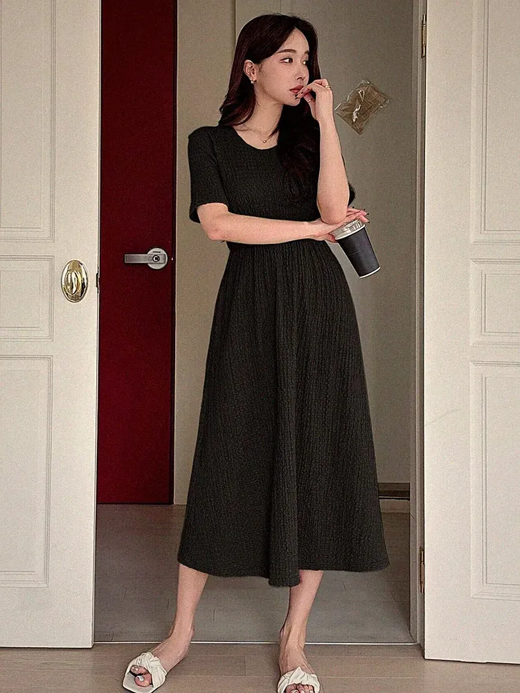 Einfarbiges A Linien Damen Sommerkleid mit Rundkragen