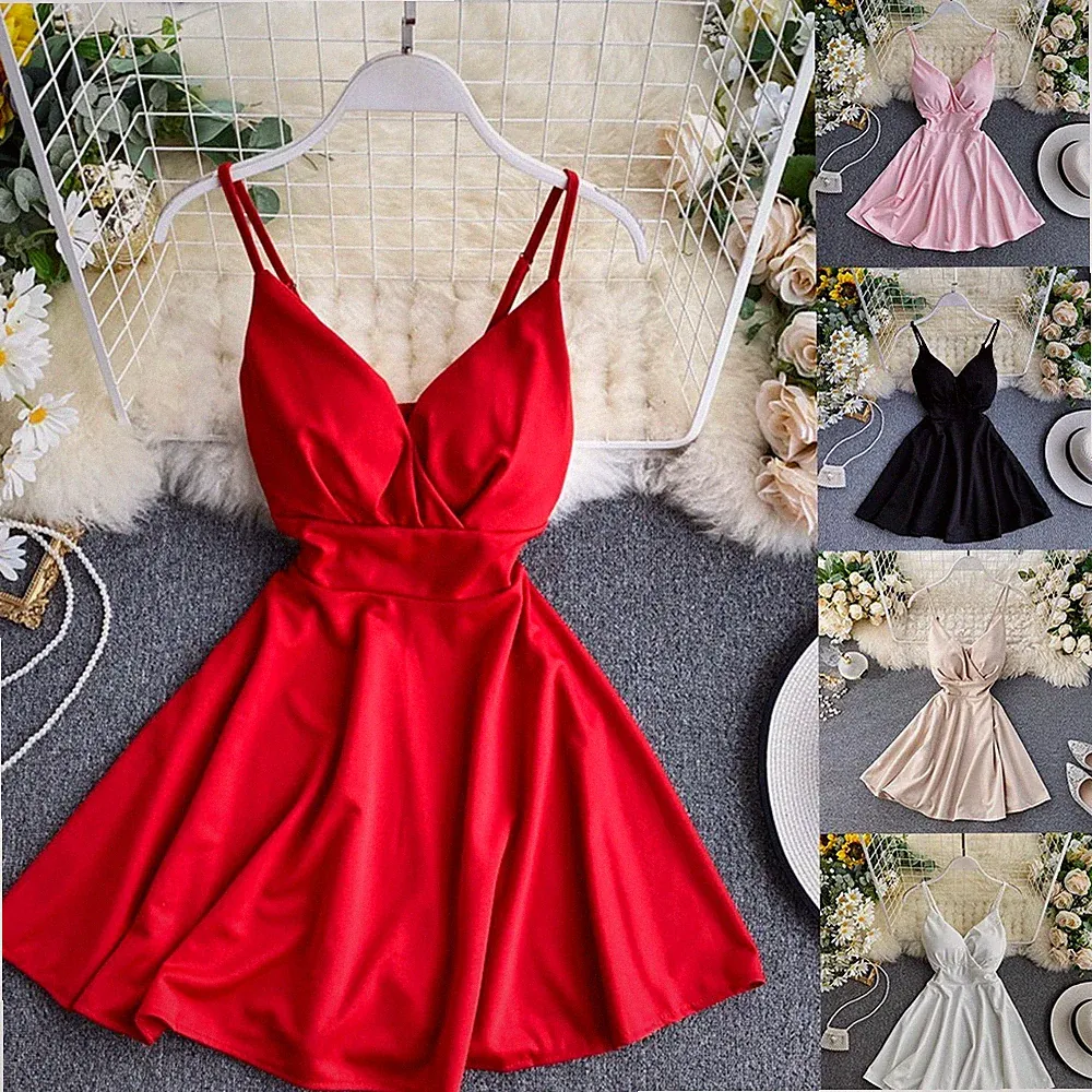 Einfarbiges A-Linien-Kleid schwarz für weiß beige tiefer V-Ausschnitt rüc